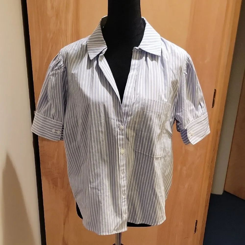 NWT Anthropologie Blue White Striped Blouse Sz L